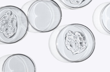 Skin serum or face wash gel in a Petri dish. For cosmetic procedures. White background