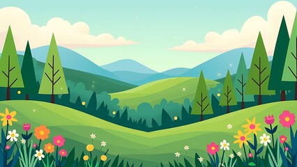 Fototapeta premium Illustration in trendy flat simple style - spring and summer background with copy space for text - landscape with plants, leaves, flowers - background for banner, greeting card, poster and adve
