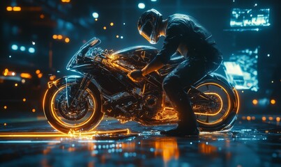 A biker on a glowing motorcycle at night.