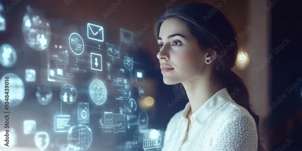 Poster A businesswoman uses a digital screen showing open banking icons. This represents the idea of open banking and how it's changing the world of finance through technology.