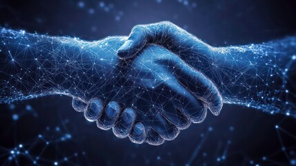 Two hands shaking, digitally represented with a network of glowing lines.