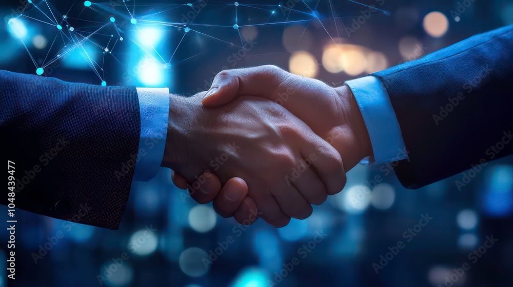 Poster Two businessmen shaking hands with a glowing network of connections in the background.