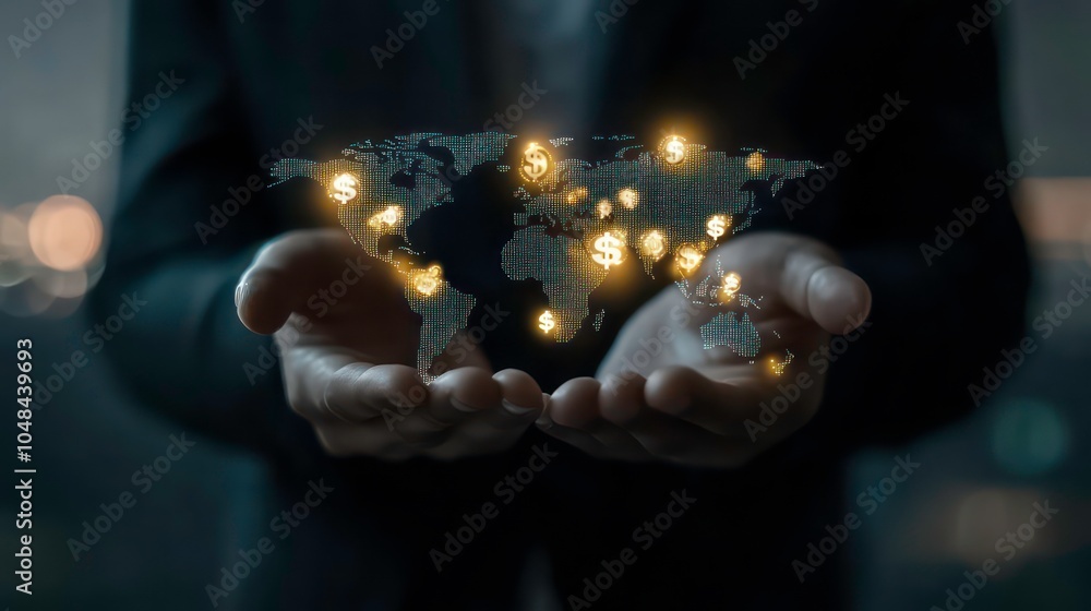 Poster a businessman holds a glowing world map with dollar signs representing global business opportunities