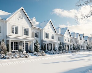 Sunny suburban charm in Snow Valley, featuring townhouses with light gray windows.