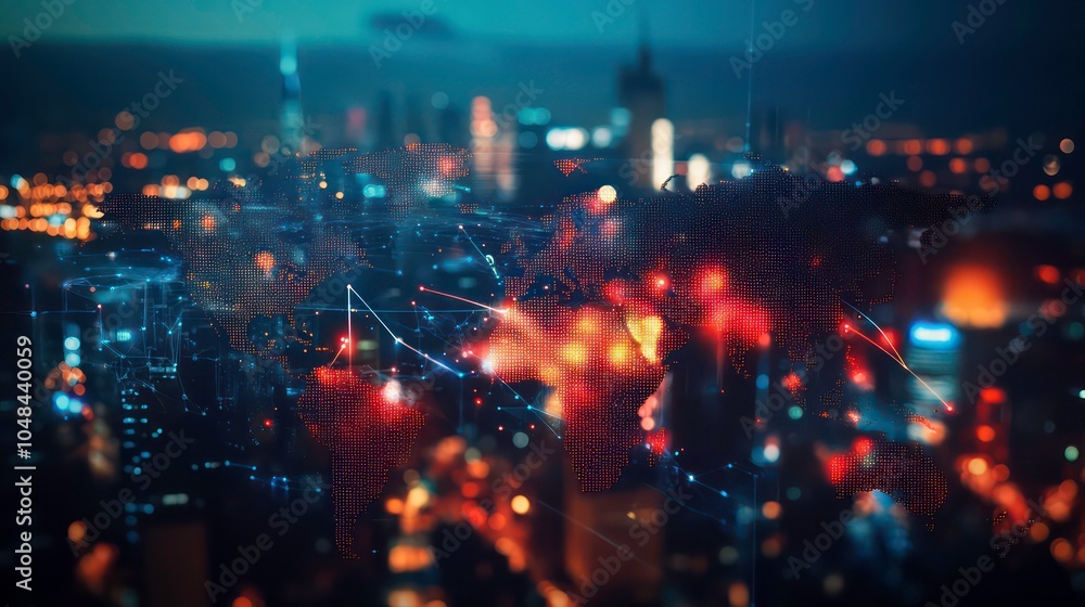 Poster a blurred cityscape with an overlay of a glowing world map, highlighting a network of connections.