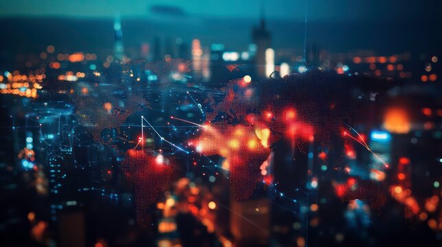A blurred cityscape with an overlay of a glowing world map, highlighting a network of connections. - Powered by Adobe