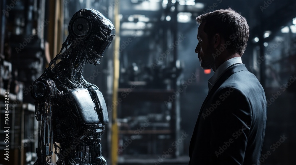 Poster a man and a robot are standing in a dark room