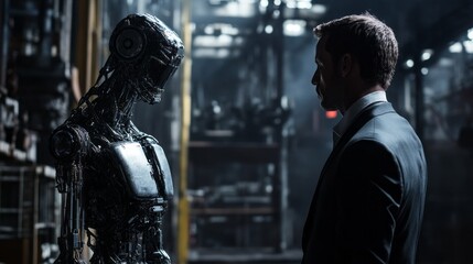A man and a robot are standing in a dark room