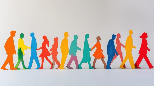 Colorful cardboard cutouts exhibit diverse figures in various poses against a light gray background