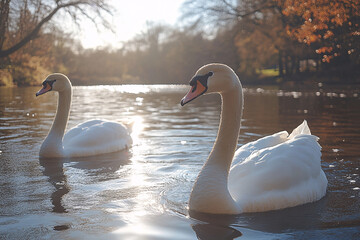 A pair of white swans reflect the setting sun, gliding across a tranquil pond, with soft, golden hues painting the surrounding scene