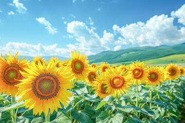 Fototapeta premium Bright yellow sunflowers growing in field on sunny day