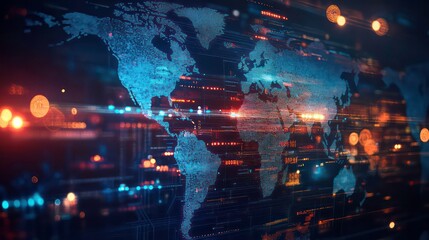 A digital world map with glowing lines and dots, representing global connectivity and data flow.