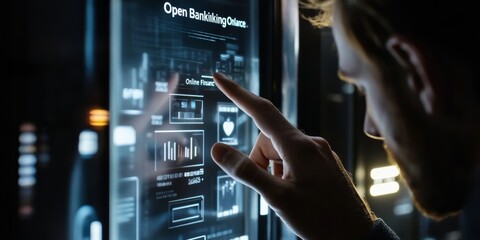 A man uses his finger to tap on a screen showing the words "Open Banking Online Finance."