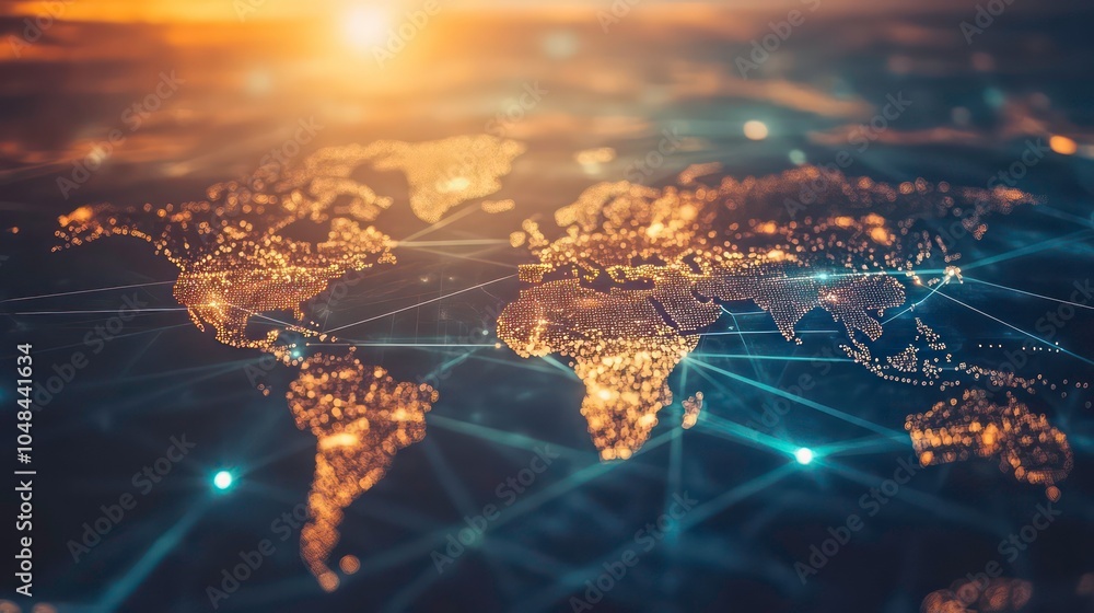 Poster A glowing world map with blue lines representing connections and data exchange.