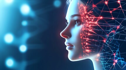 Obraz premium Digital representation of a human face integrated with neural network connections, symbolizing artificial intelligence, technology, and cognitive science.