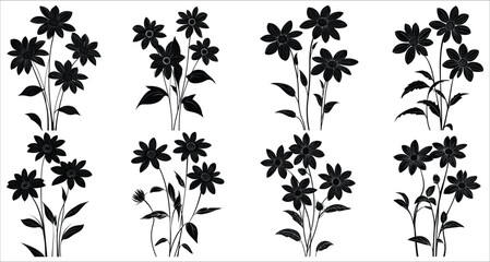 Set of black eyed Susan flower silhouettes collection, Beautiful black eyed Susan flower silhouettes, Decorative floral design elements, Black eyed Susan flowers silhouettes on white background