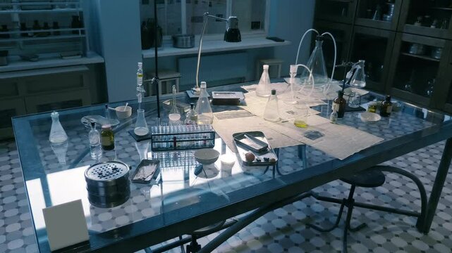 A large old style chemistry lab with lots of beakers, test tubes, flasks, spirit lamps, chemicals and other chemical equipment on a large glass table. Shot in motion