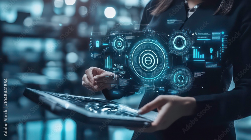 Poster businesswoman using a laptop with a futuristic digital interface and graphics.