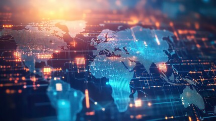 A digital map of the world with glowing lines and dots, symbolizing global connectivity and technology.