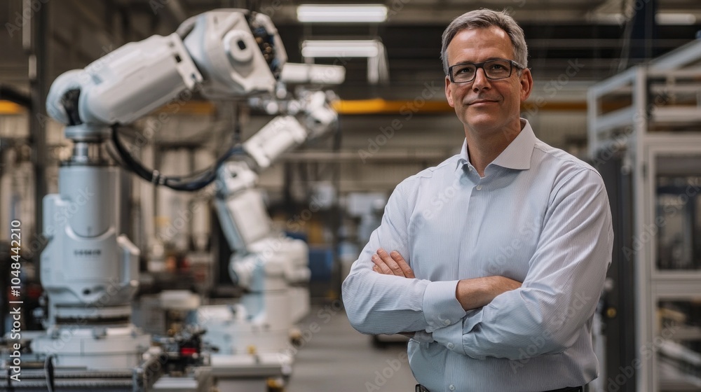 Poster A man stands in front of a robot in a factory