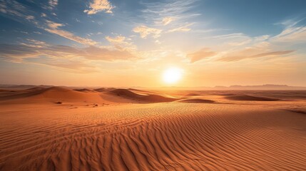 A serene, cloudless sky over a barren desert, with the sun high in the sky casting long shadows across the sandy terrain