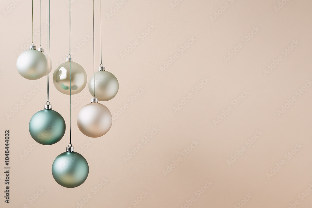 Wall mural minimalist hanging elegant pastel christmas balls on beige pastel color