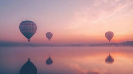 Fototapeta premium A soft, pastel sky at dawn with hot air balloons floating peacefully across the horizon, the calm scene reflected in a nearby lake