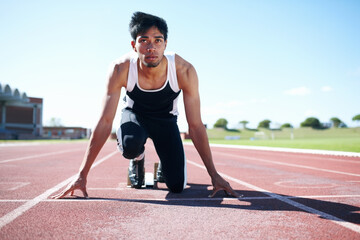 Runner, start and man with challenge, training and ready with energy, exercise and routine. Person,...