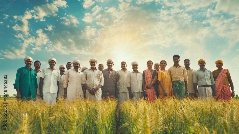 Poster a group of people are standing in a field of wheat