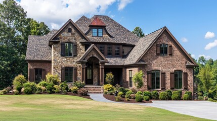 Majestic brown brick house with intricate roof and designed landscape.