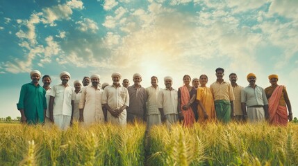 A group of people are standing in a field of wheat