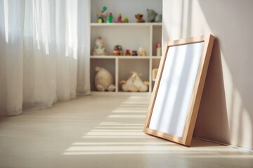 Blank frame leaning on sunlit nursery floor with shelves filled with toys, cozy and minimal children&rsquo;s room decor