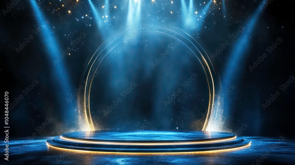 Poster A blue and gold podium illuminated by spotlights with a circular frame on a dark background.