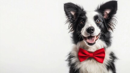 Fototapeta premium Sheepdog wearing a red bow tie with copy space for text on neutral background