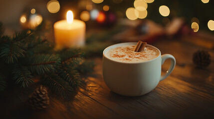 Photo of a Cup of Eggnog: A photo featuring a single cup of creamy eggnog topped with a sprinkle of cinnamon and nutmeg. The cup is placed on a wooden table, with subtle Christmas decorations.