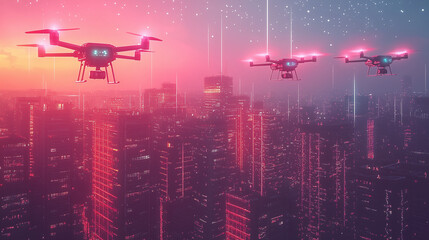 Fototapeta premium Futuristic City Skyline: Autonomous Drones Delivering Packages Amid Neon Lights, Creating a Tech-Utopia Atmosphere