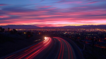 Obraz premium As the sun sets the city lights start to dance creating a symphony of colorful streaks against the night sky.