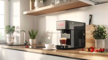 Modern Black Coffee Maker Brewing Coffee in a Glass Cup on a Kitchen Countertop