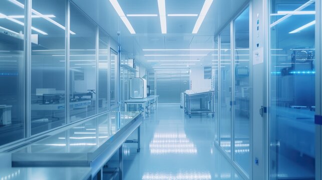 A sterile hallway with glass walls and bright lighting