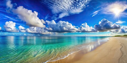 Tranquil beachscape with azure waters and sunlit clouds captured in wide-angle view