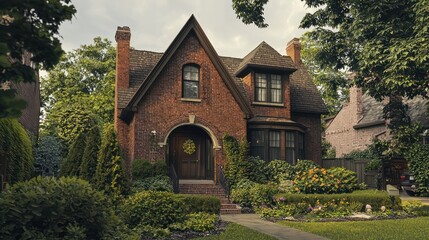Residential architecture series highlights a multi-peaked brick house.