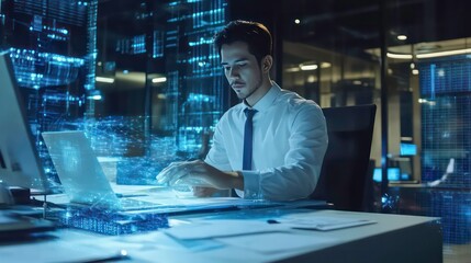 A businessman in a white shirt and tie sits at his desk, working on a laptop in a modern office. His computer screen is filled with digital data and holographic projections.