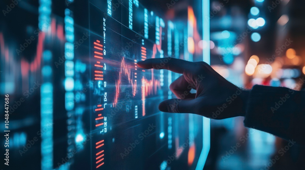Poster a hand points at a stock market graph on a large screen, with red and blue lines depicting market tr