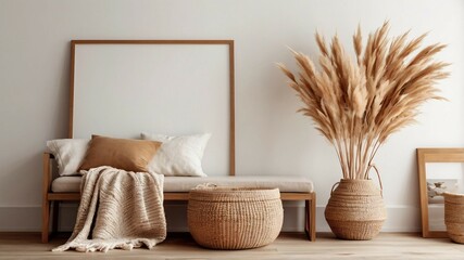 Interior Frame Mockup with Boho Decor Elements on White Wall