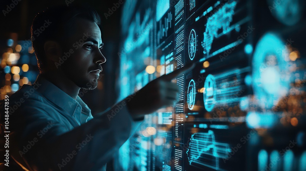 Poster a man in a white shirt stands in front of a large screen displaying various data and information. he