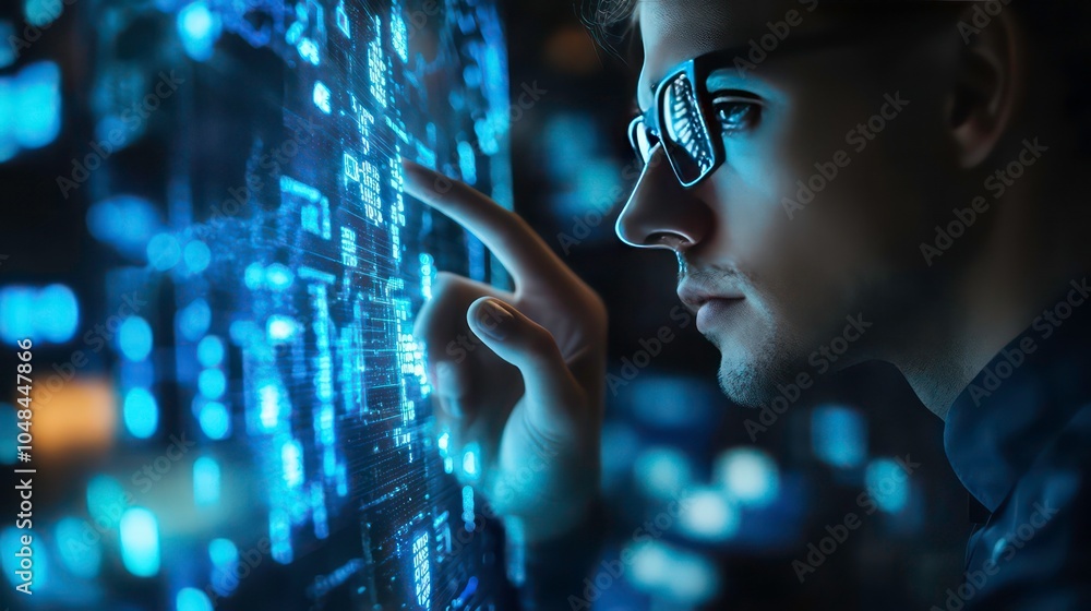 Poster a man in glasses looks intently at a futuristic digital screen, touching the surface with his finger