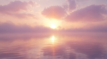 Obraz premium A tranquil hazy sky at sunrise with soft, muted tones of lavender and orange glowing through the morning mist