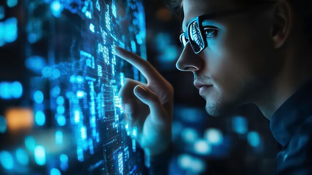 A man in glasses looks intently at a futuristic digital screen, touching the surface with his finger.