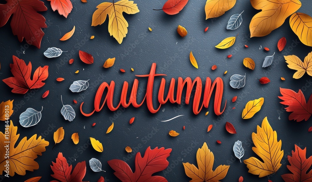 Poster autumn background design with colorful fall leaves in a dark textured setting