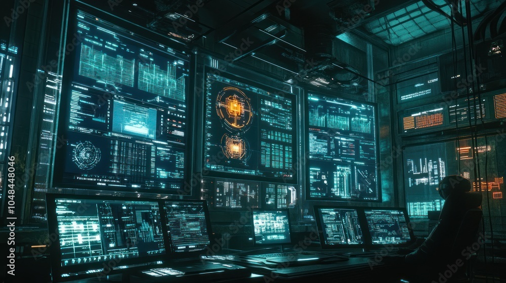 Poster A Hacker Working in a Dark Room Filled with Monitors Displaying Digital Data and Code